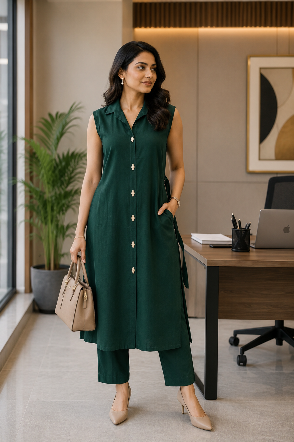 Akshara - Plain Vertican A Line - Green