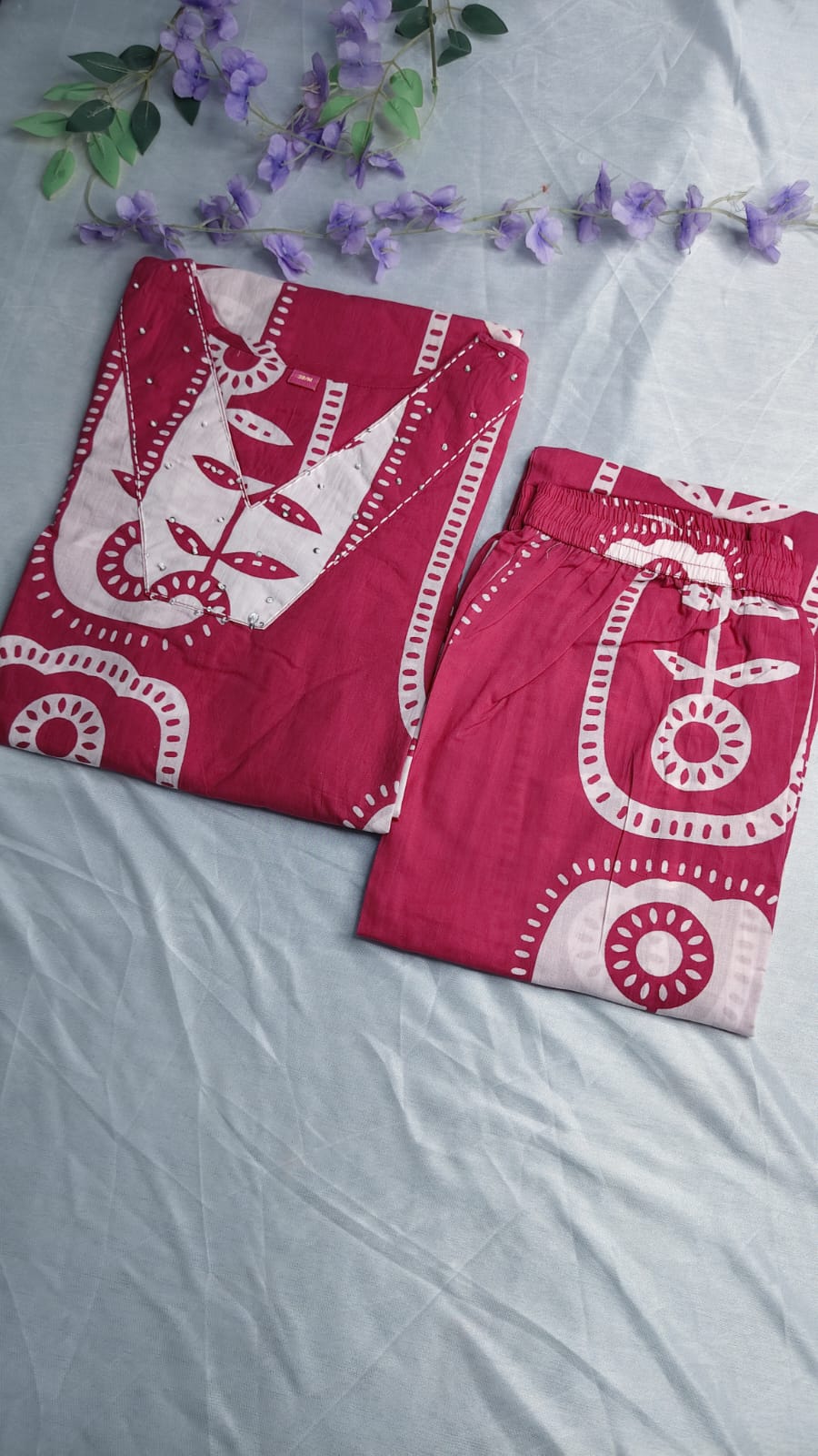 Ruhani- Premium Dabu Cotton Co Ord Set Rani Pink