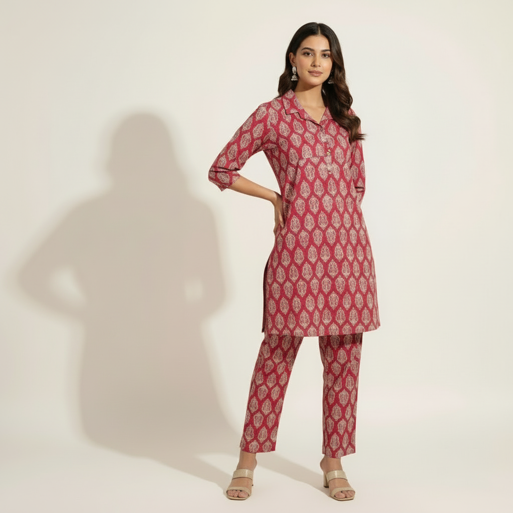 Cotton Short Kurthi with white print Co-Ord set
