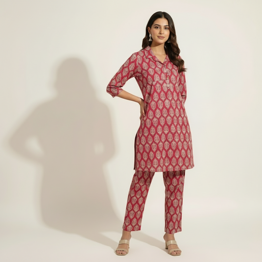 Cotton Short Kurthi with white print Co-Ord set