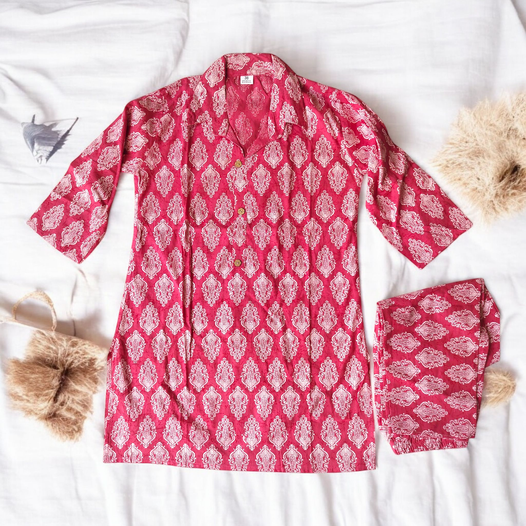 Cotton Short Kurthi with white print Co-Ord set