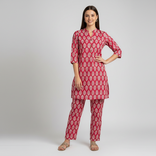 Cotton Short Kurthi with white print Co-Ord set