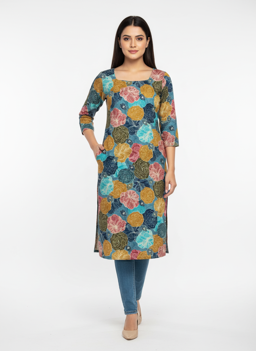 Custom Made Muslin Silk Kurthi--Multi colour Floral print