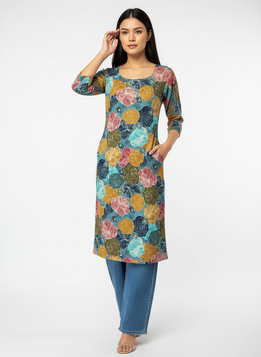 Custom Made Muslin Silk Kurthi--Multi colour Floral print