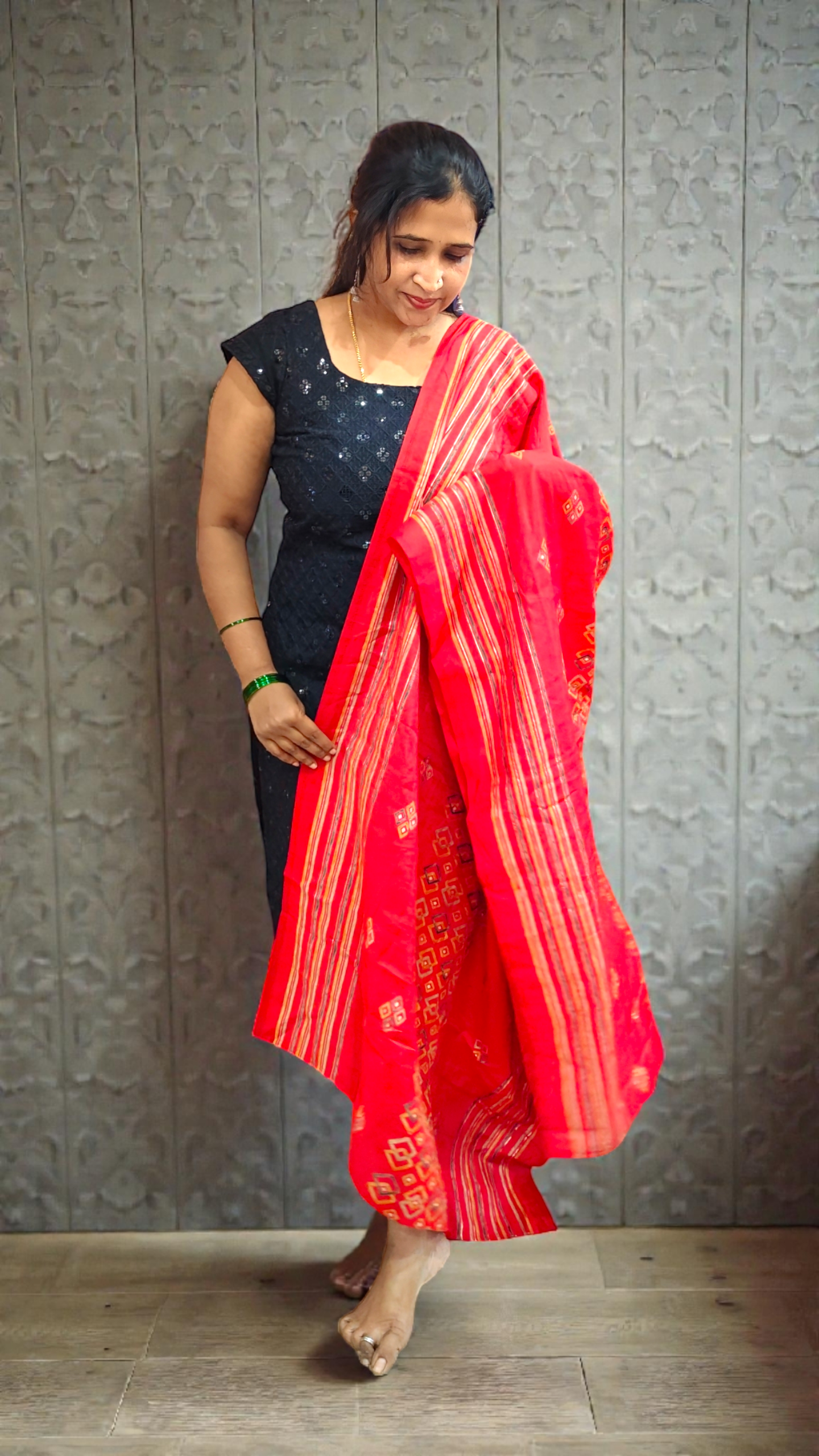 Customized Black with Red Dupatta suit