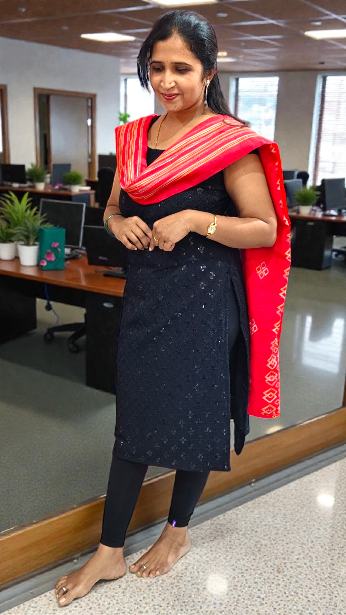 Customized Black with Red Dupatta suit