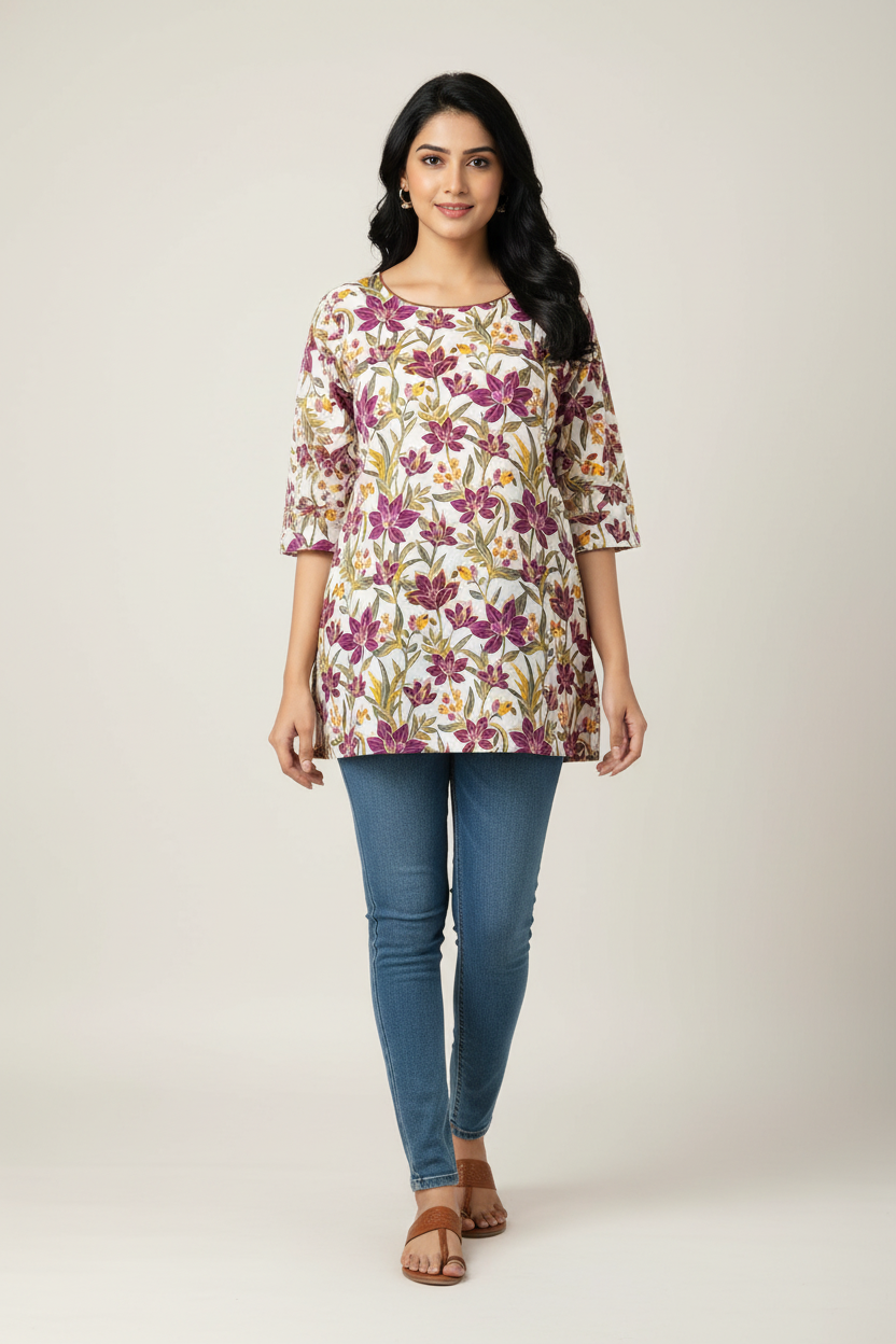 Pure Cotton short Kurthi with floral design