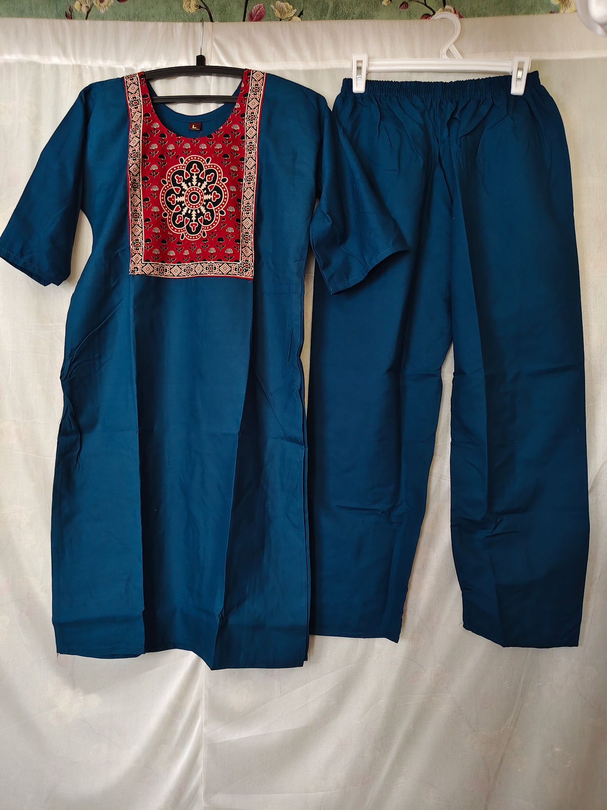 Semi Dabu Ajrak Pattern Co Ord Set-- Blue