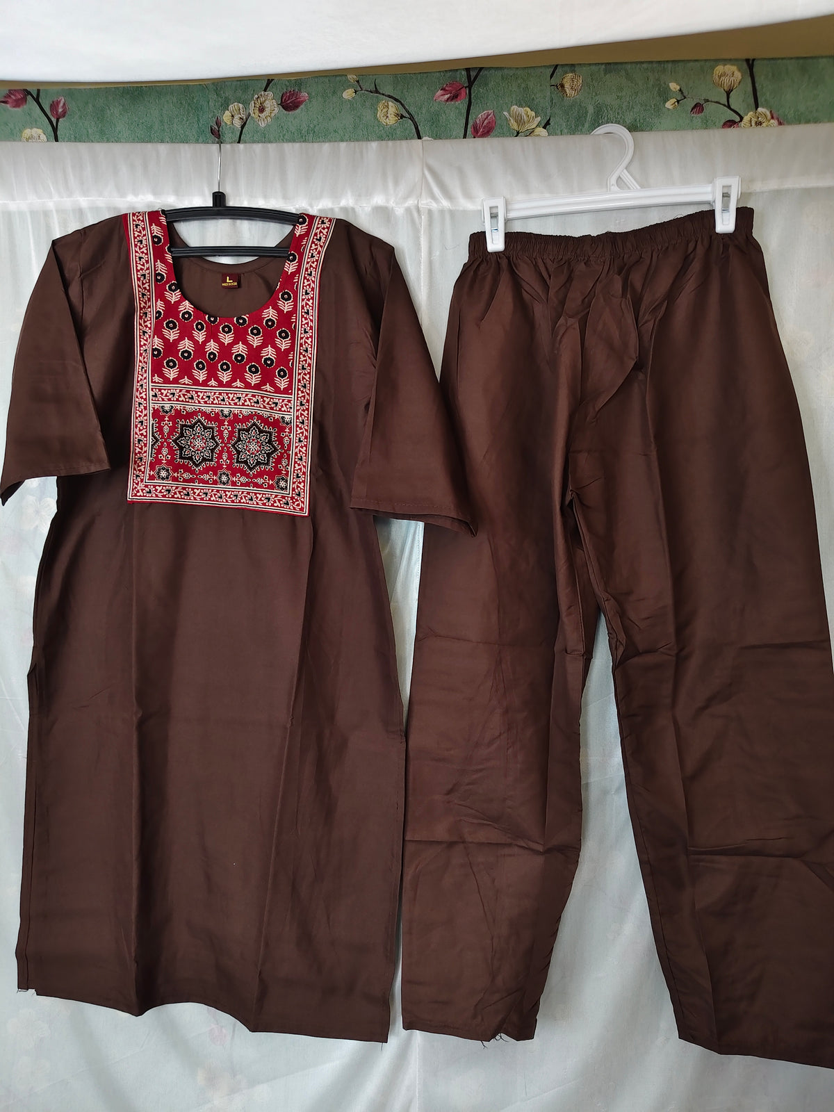 Semi Dabu Ajrak Pattern Co Ord Set-- Coffee Brown