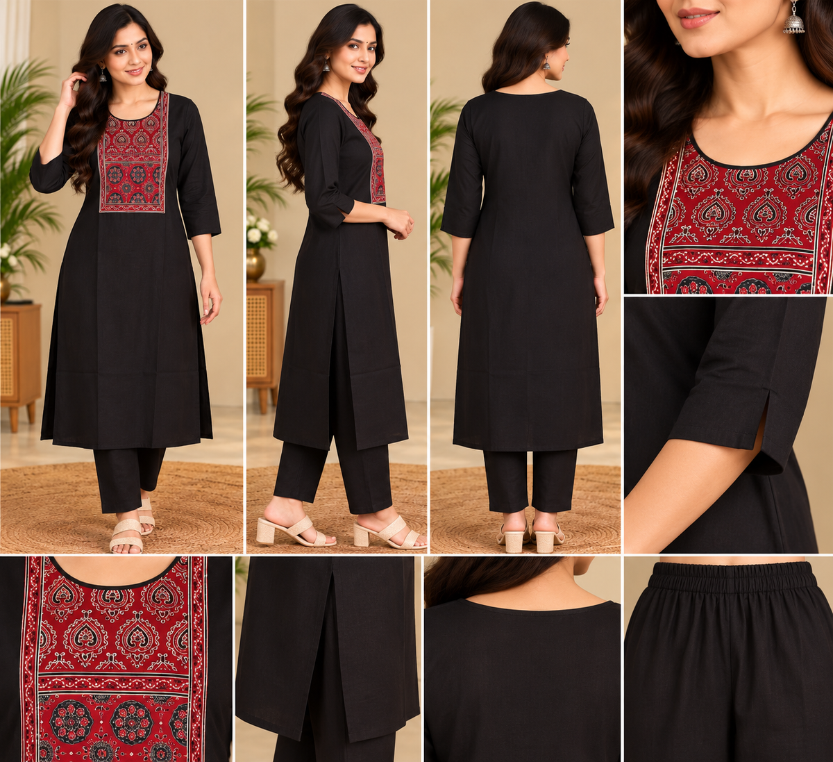 Semi Dabu Ajrak Pattern Co Ord Set-- Black