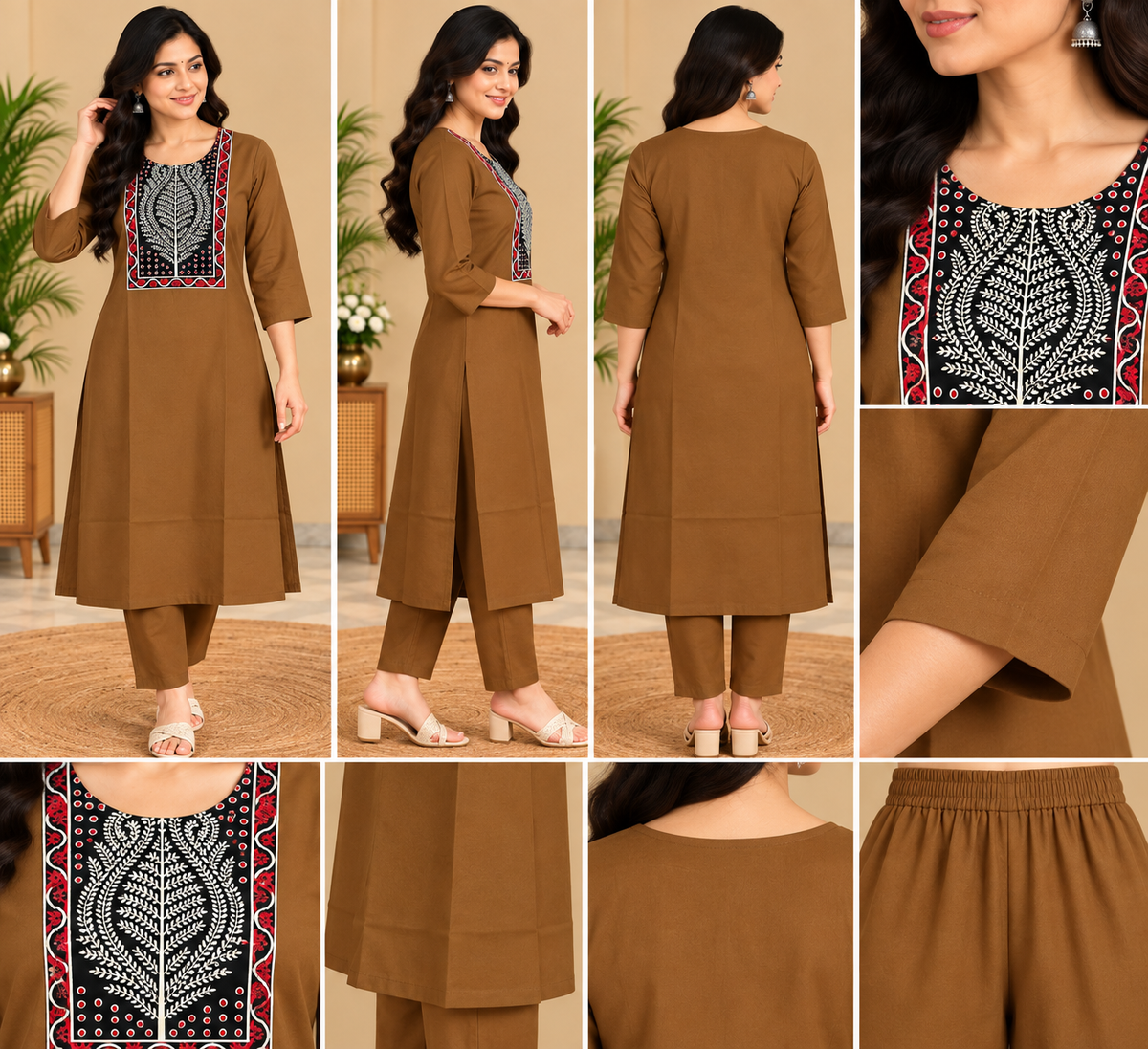 Semi Dabu Ajrak Pattern Co Ord Set-- caramel brown. 🤎