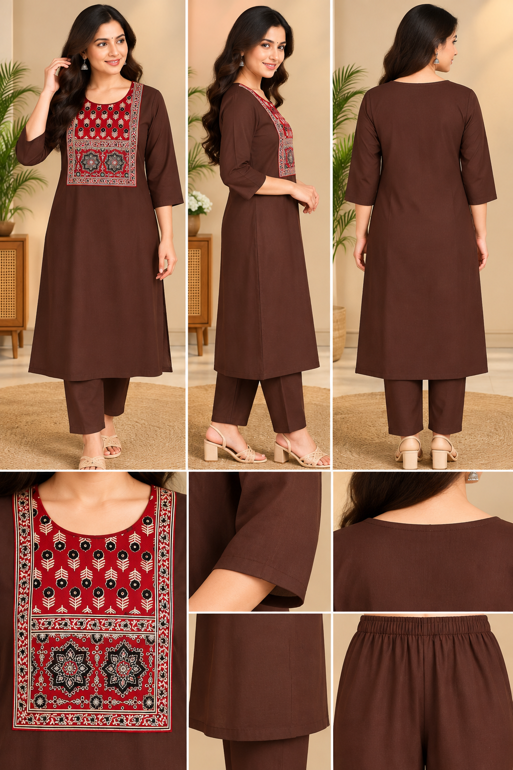 Semi Dabu Ajrak Pattern Co Ord Set-- Coffee Brown