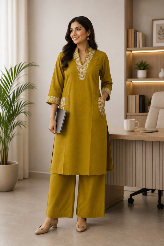 Maahi- Premium Dabu Cotton- Co Ord set- Lemon Yellow