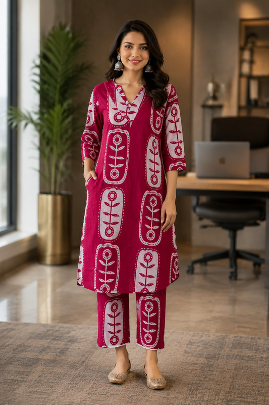 Ruhani-  Premium Dabu Cotton Co Ord Set Rani Pink