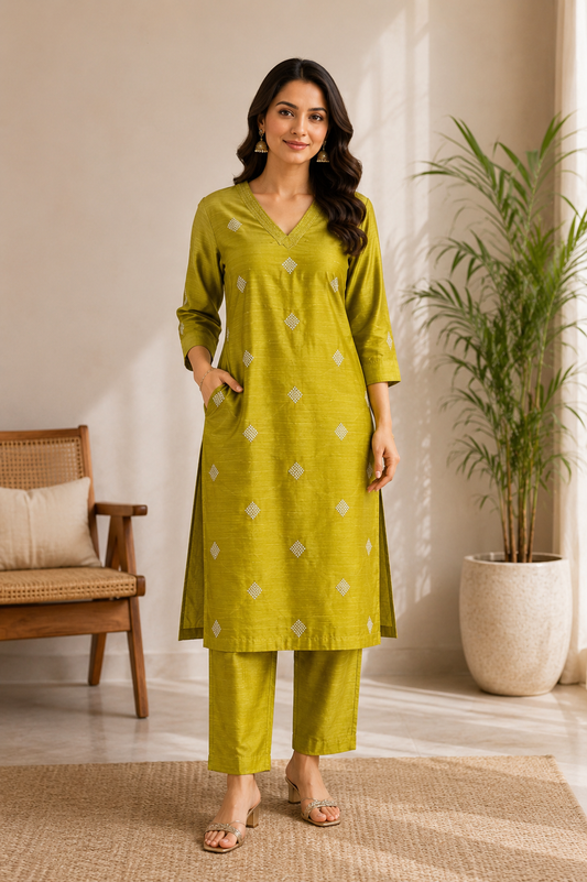 Avaasa- Slub Cotton Co ord set - Mehandi Green