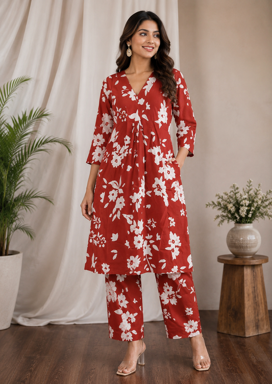 Mithra- Cooton Rayon Front frill- Pastel Red