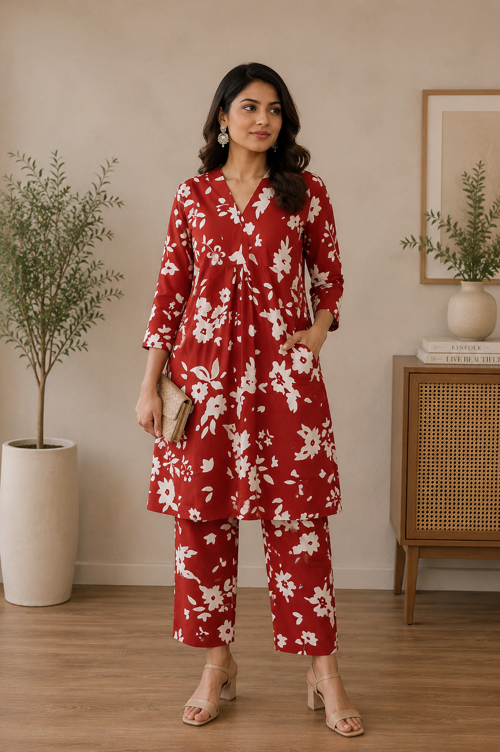 Mithra- Cooton Rayon Front frill- Pastel Red