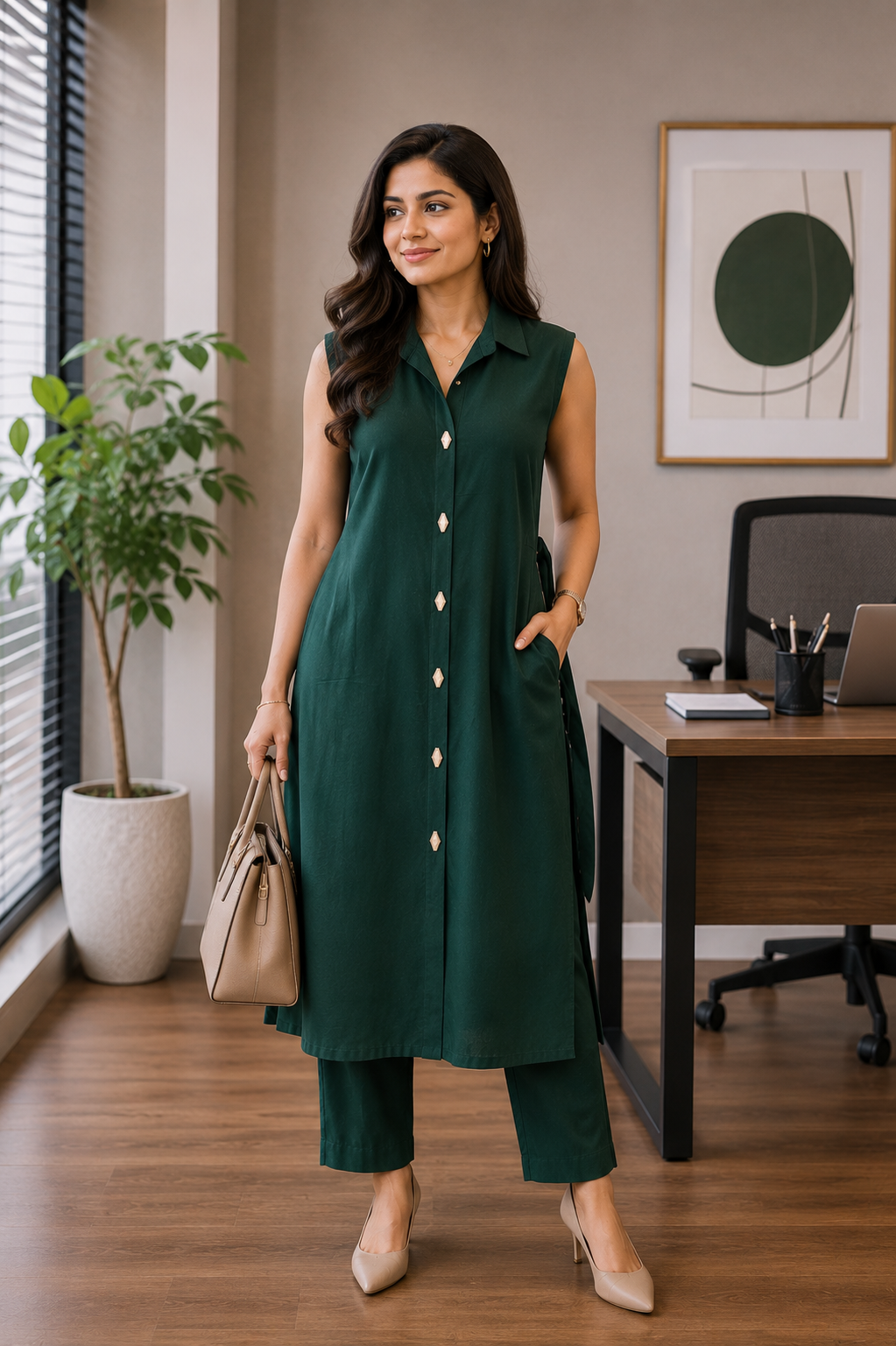 Akshara - Plain Vertican  A Line - Green