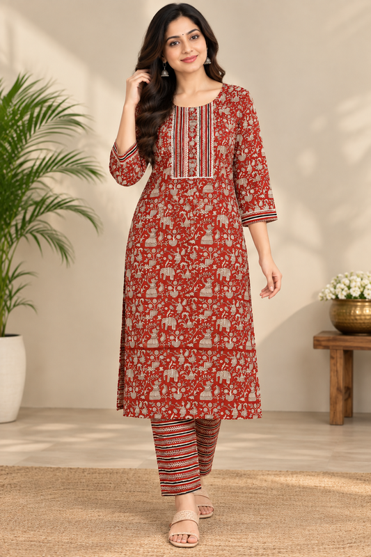 Kalamkari Jaipur cotton Co ord Set-Maroon