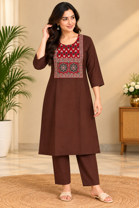 Semi Dabu Ajrak Pattern Co Ord Set-- Coffee Brown