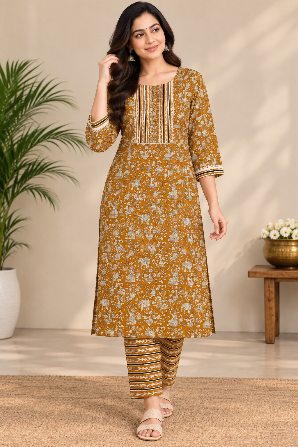 Kalamkari Jaipur cotton Co ord Set- Golden Brown