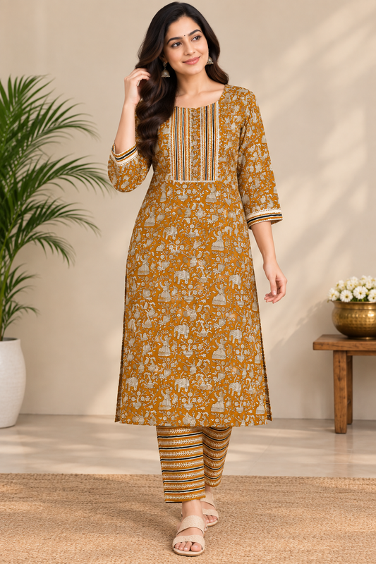 Kalamkari Jaipur cotton Co ord Set- Golden Brown