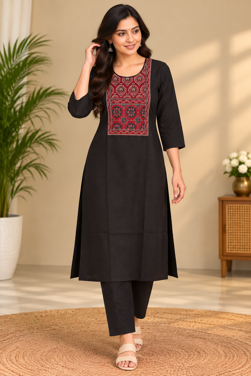 Semi Dabu Ajrak Pattern Co Ord Set-- Black