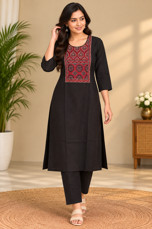 Semi Dabu Ajrak Pattern Co Ord Set-- Black
