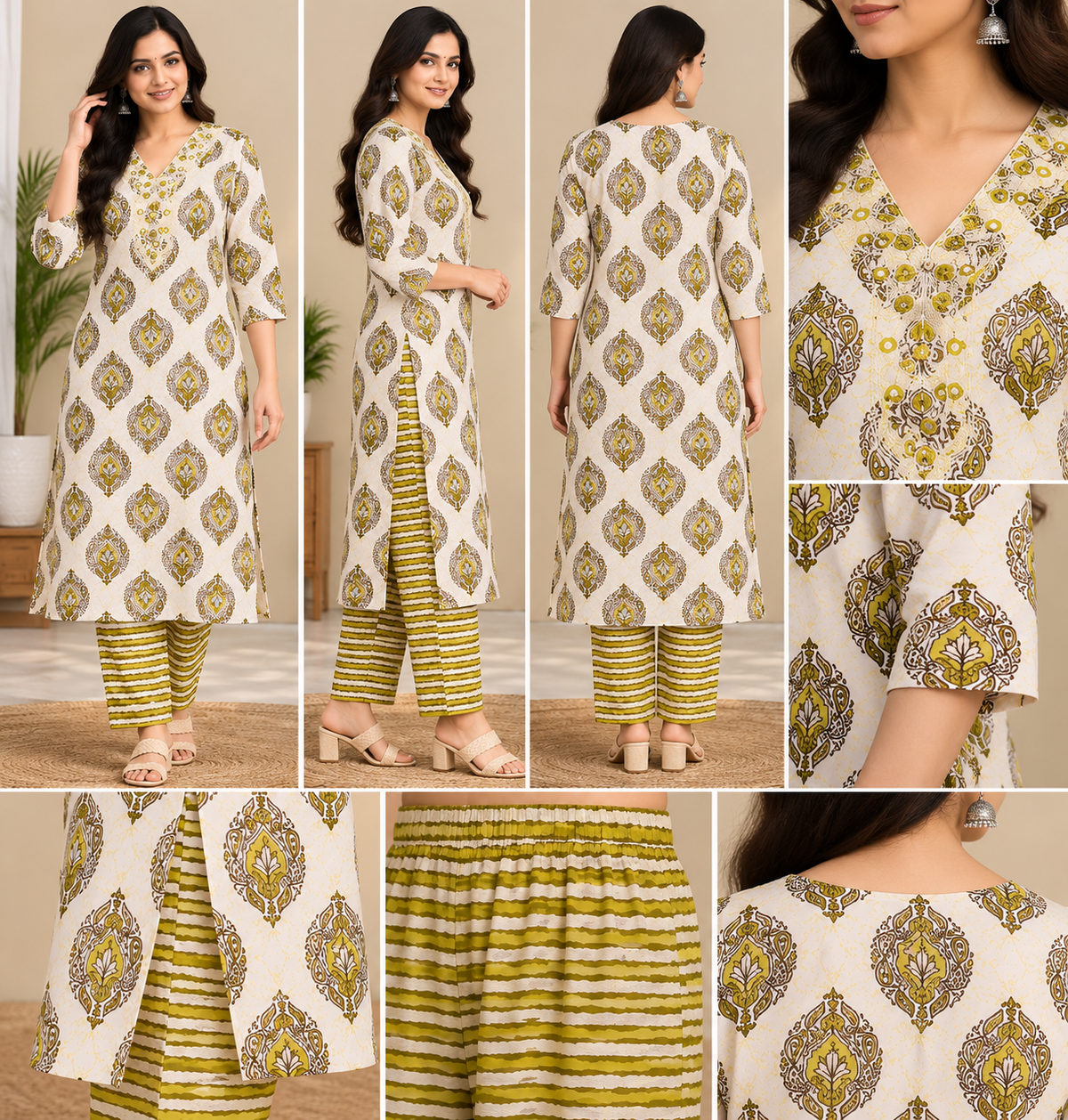 Kalamkari Jaipur cotton Co ord Set- White Green