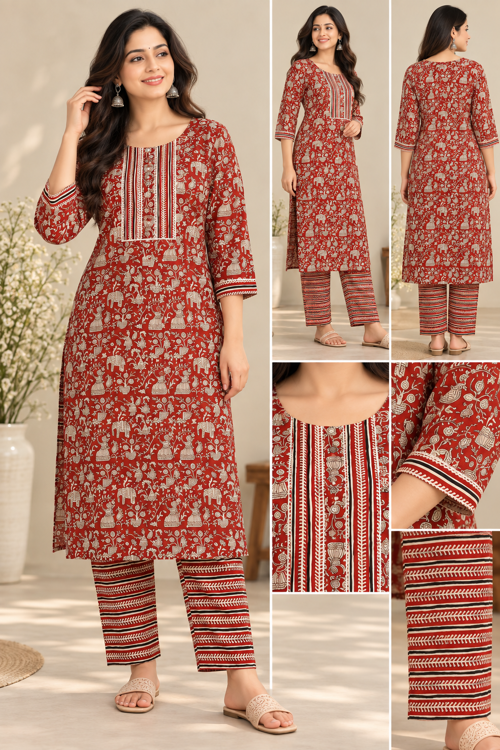 Kalamkari Jaipur cotton Co ord Set-Maroon