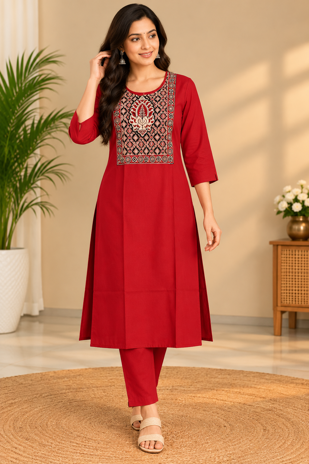 Semi Dabu Ajrak Pattern Co Ord Set-- Rust Orange