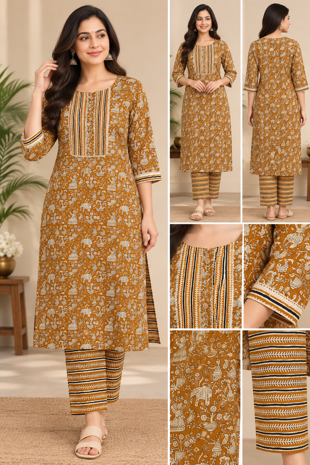 Kalamkari Jaipur cotton Co ord Set- Golden Brown