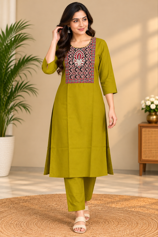 Semi Dabu Ajrak Pattern Co Ord Set-- Green