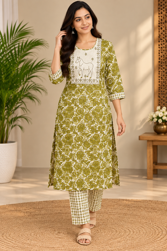 Kalamkari Jaipur cotton Co ord Set- Green