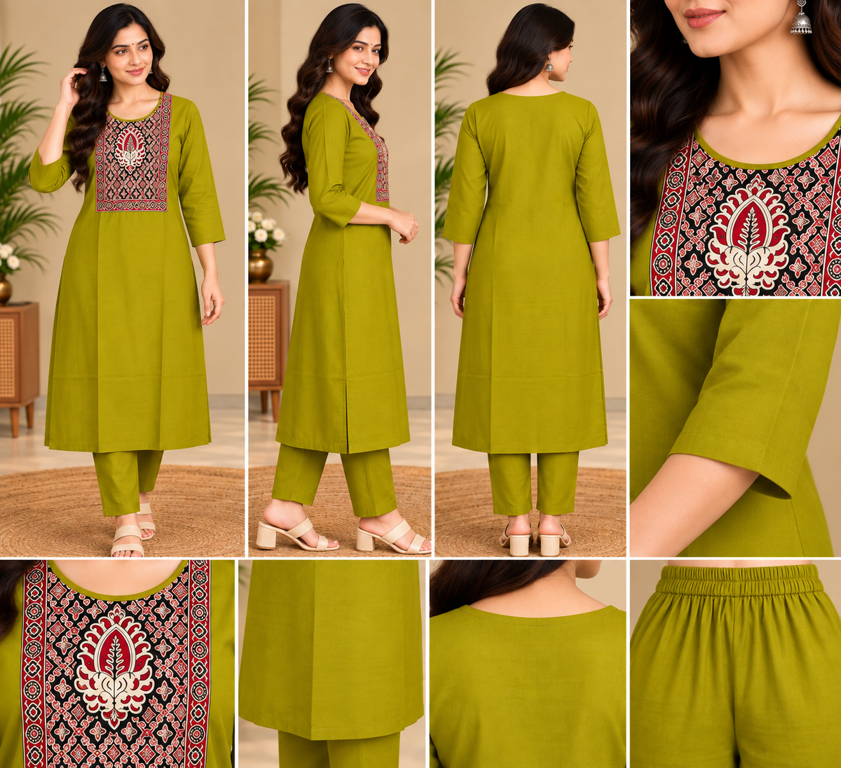 Semi Dabu Ajrak Pattern Co Ord Set-- Green