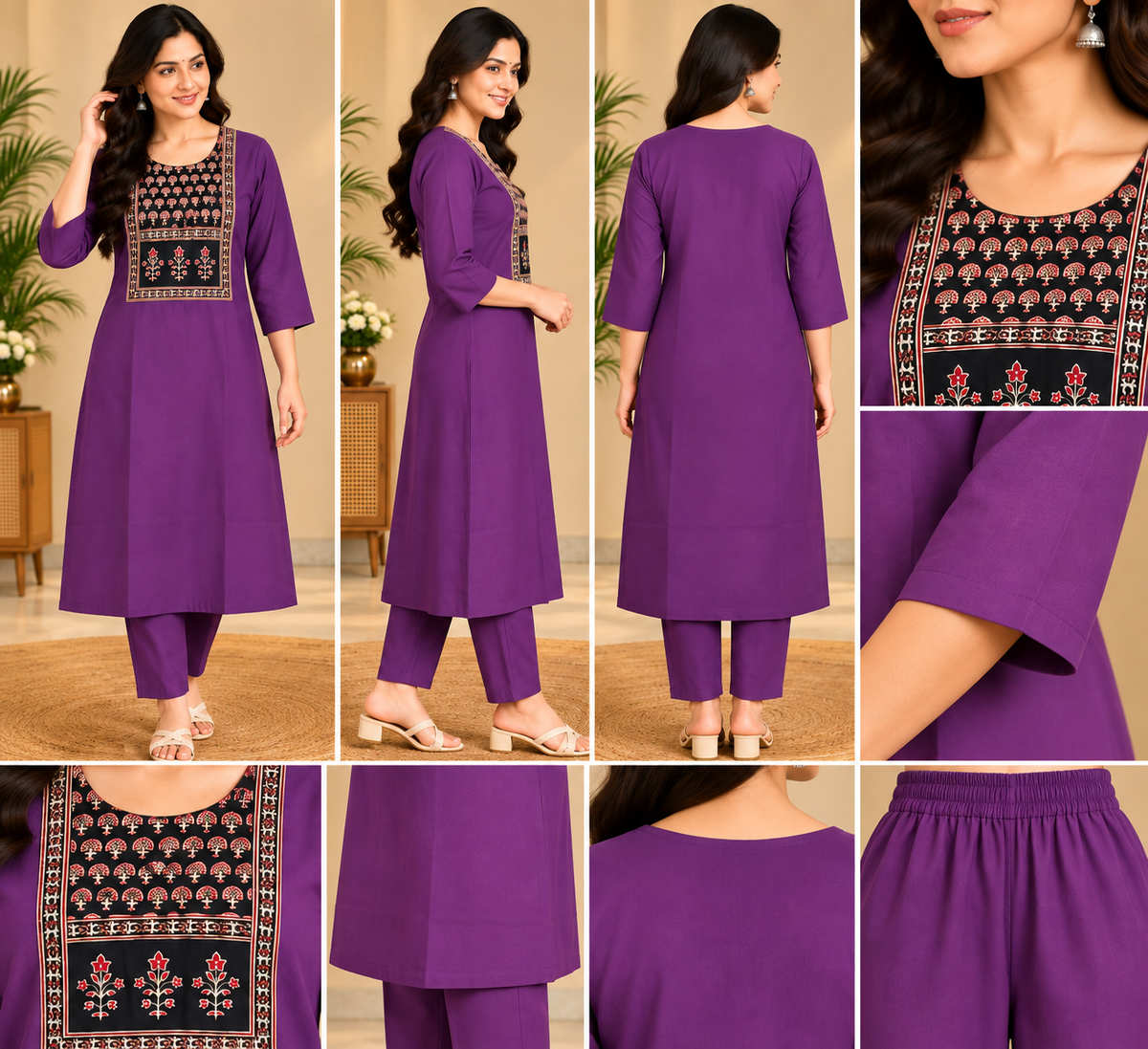 Semi Dabu Ajrak Pattern Co Ord Set-- Lavendor