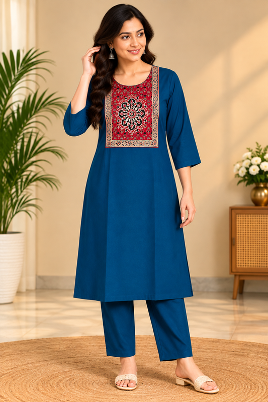 Semi Dabu Ajrak Pattern Co Ord Set-- Blue