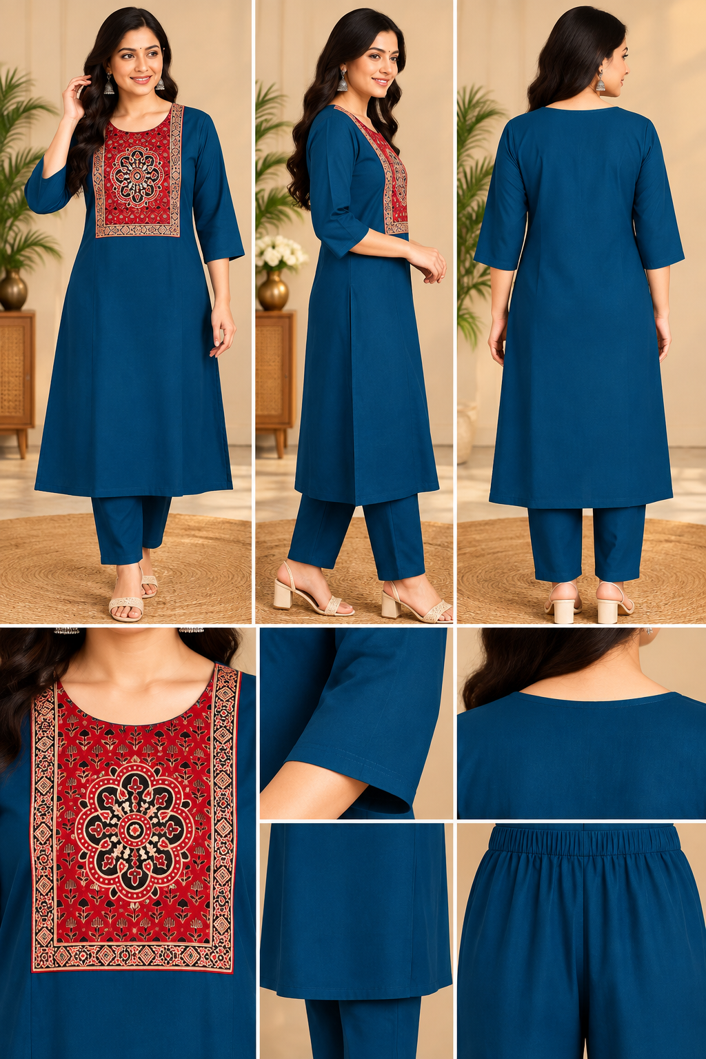 Semi Dabu Ajrak Pattern Co Ord Set-- Blue