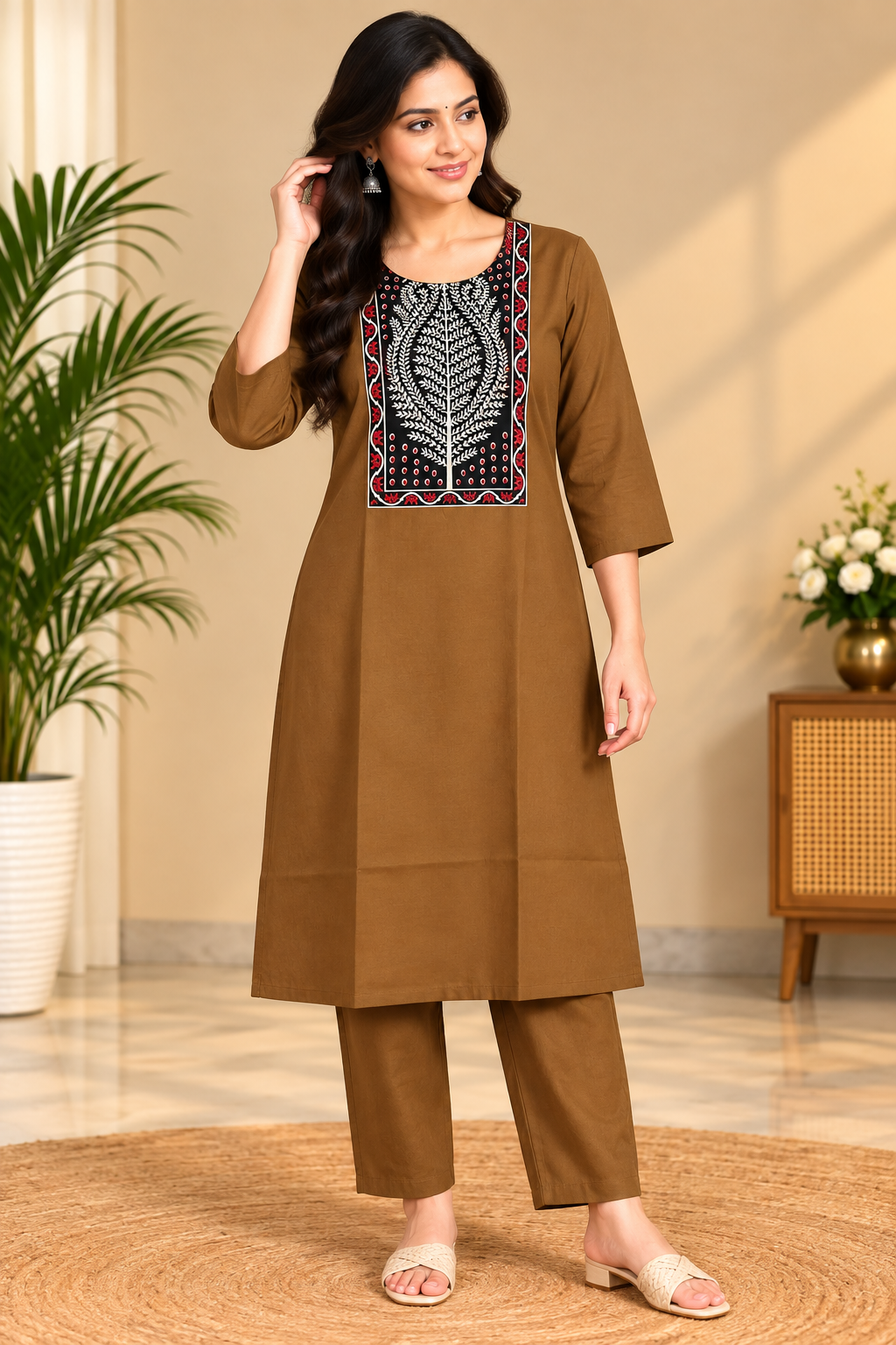 Semi Dabu Ajrak Pattern Co Ord Set-- caramel brown. 🤎