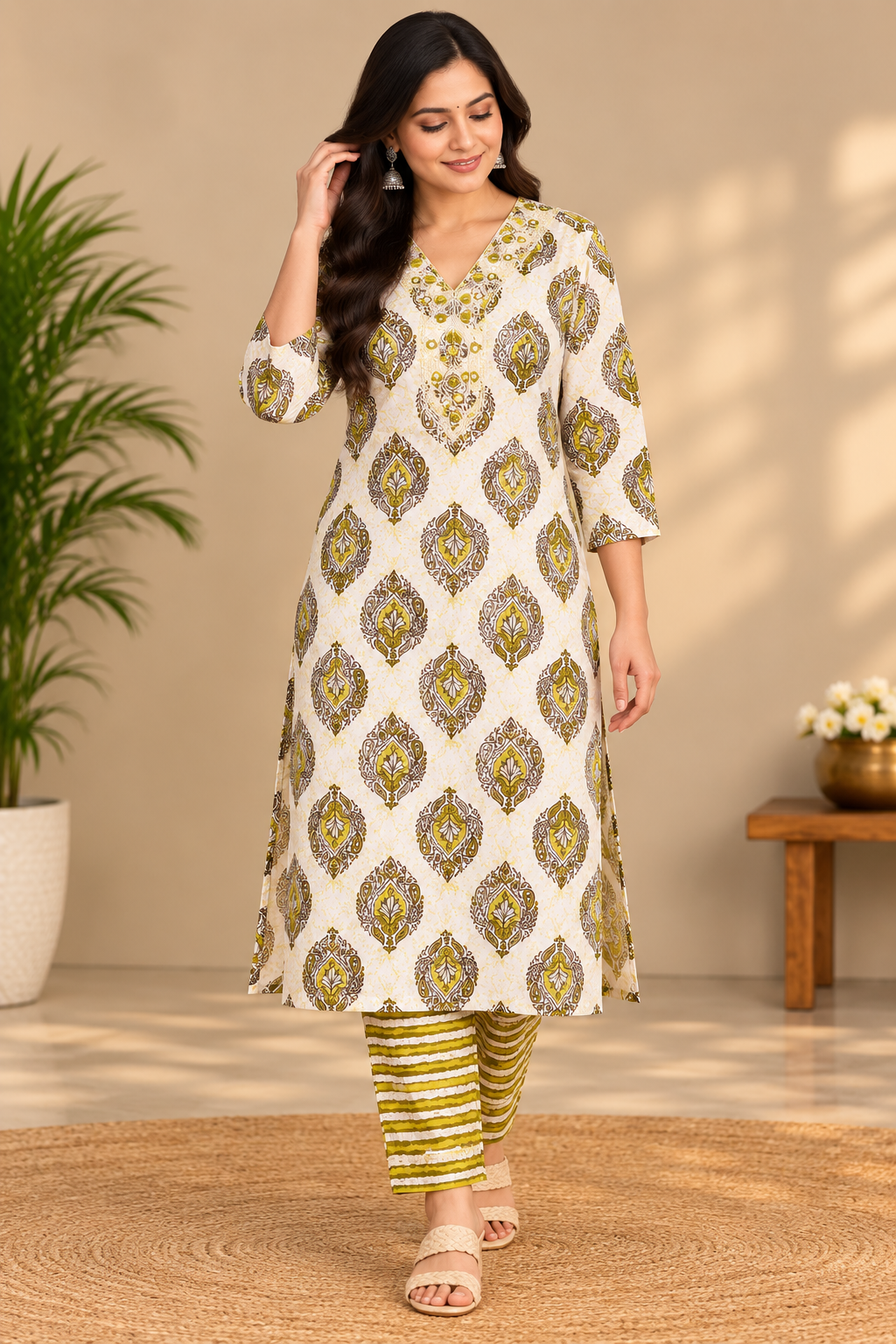 Kalamkari Jaipur cotton Co ord Set- White Green