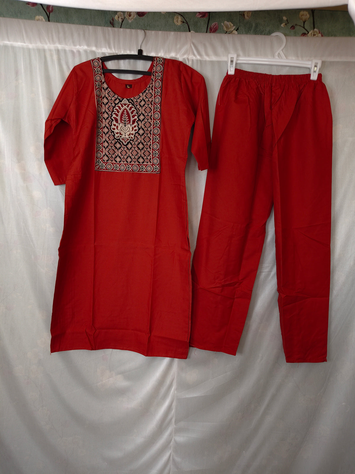 Semi Dabu Ajrak Pattern Co Ord Set-- Rust Orange