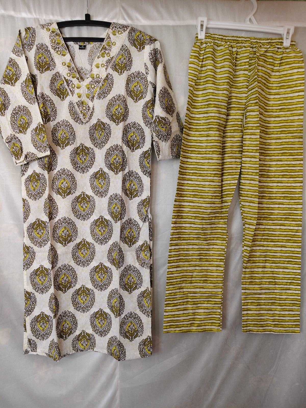 Kalamkari Jaipur cotton Co ord Set- White Green